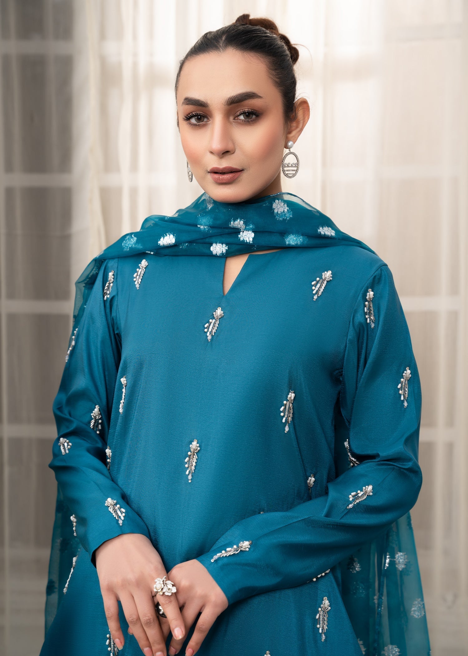 Teal Zari Organza Dupatta Kattan Silk Outfit Online in Sri Lanka India Australia
