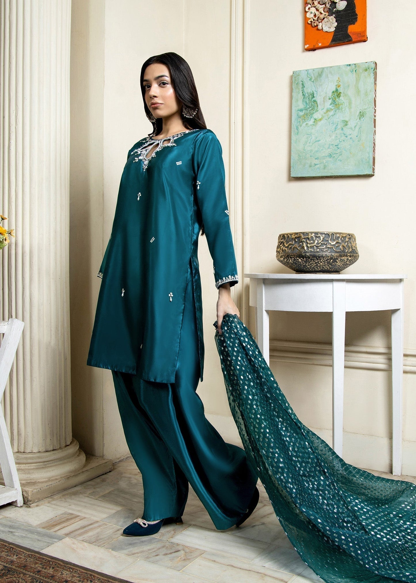 Teal Zari Organza Dupatta Pakistani Designer Suit Online in KSA Riyadh Saudi Arabia Oman Bahrain Qatar