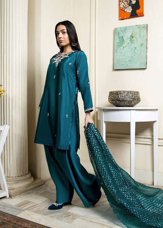 Teal Zari Organza Dupatta Pakistani Designer Suit Online in KSA Riyadh Saudi Arabia Oman Bahrain Qatar