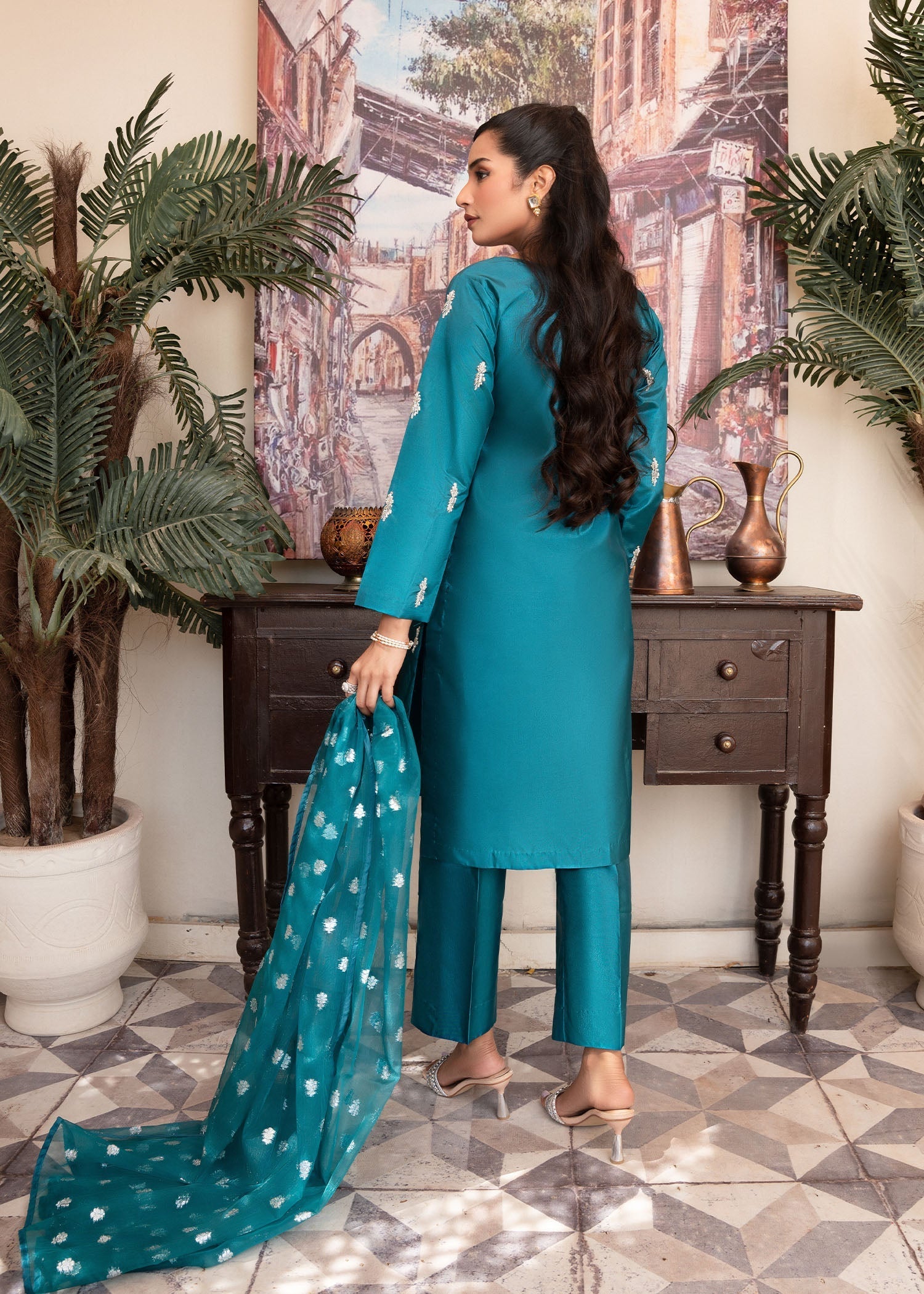 Teal Zari Organza Dupatta Suit Online in Sri Lanka India Australia