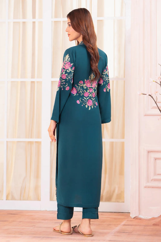 Teal Linen Embroidered Kurta Set