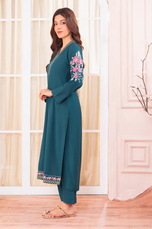Teal Linen Embroidered Kurta Set