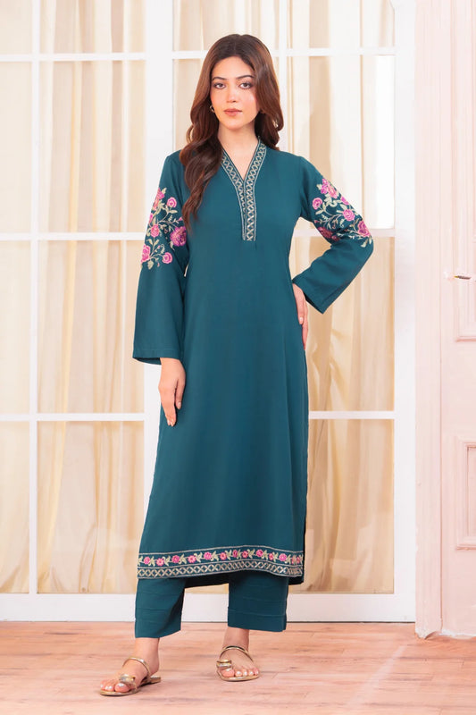 Teal Linen Embroidered Kurta Set