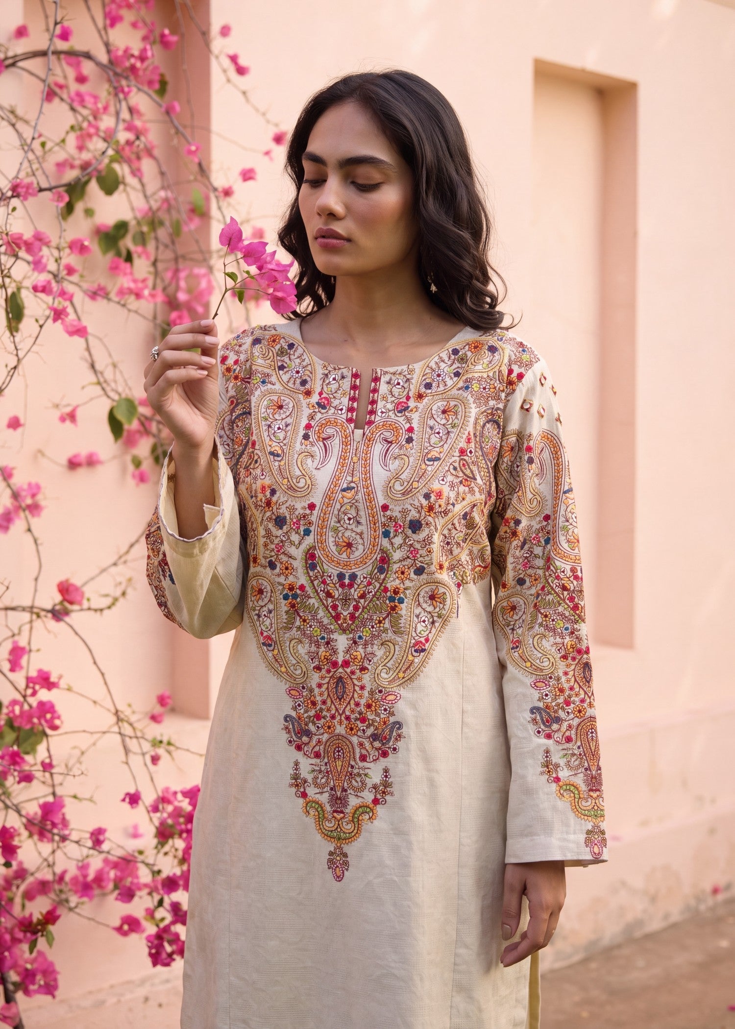 Textured Lawn Beige Embroidered Suit Online in KSA Riyadh Saudi Arabia Oman Bahrain Qatar