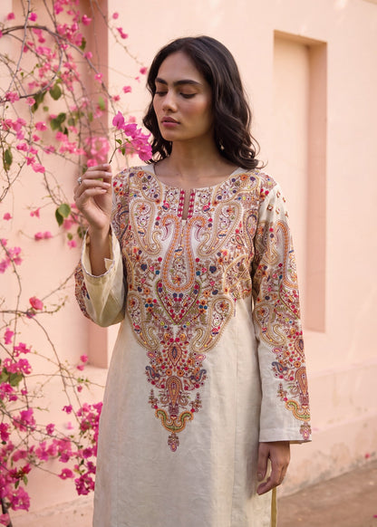 Textured Lawn Beige Embroidered Suit Online in KSA Riyadh Saudi Arabia Oman Bahrain Qatar