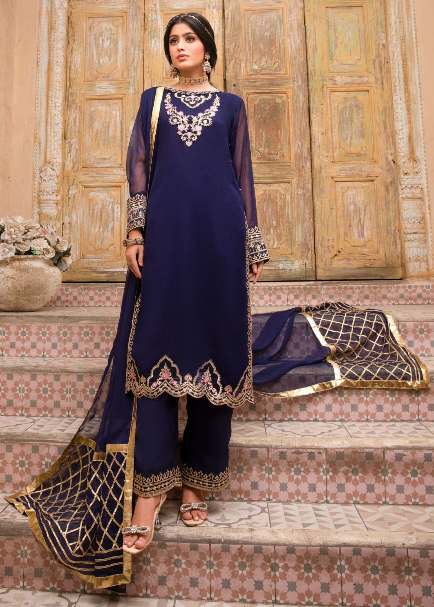 Three Piece Navy Blue Chiffon Outfit Online in Dubai UAE Abudhabi Ajman Sharjah