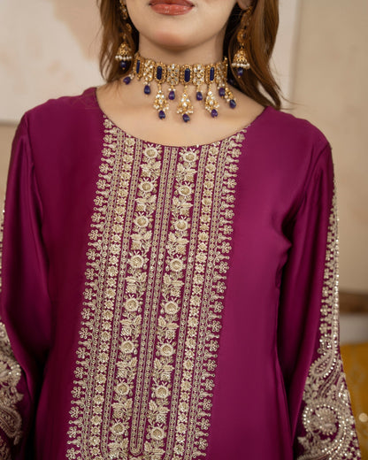 Tilla Sequins Berry Purple Shamoz Silk Salwar Kameez Online in KSA Riyadh Saudi Arabia Oman Bahrain Qatar