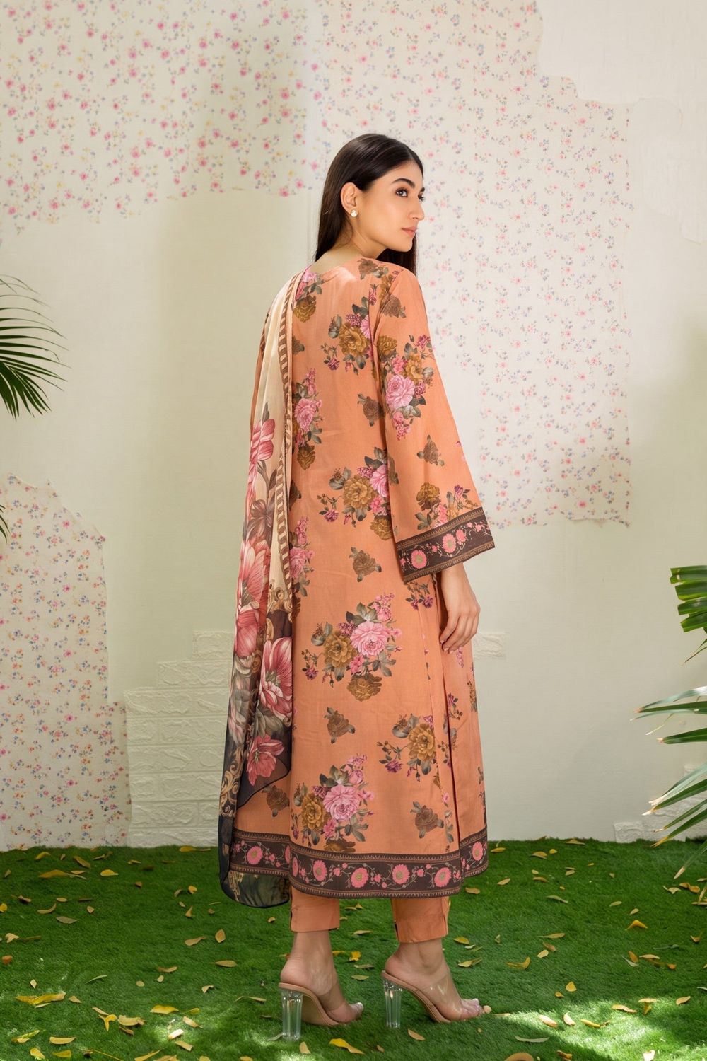 Toast Orange Embroidered Lawn Cotton Suit Online in Dubai UAE Abudhabi Ajman Sharjah