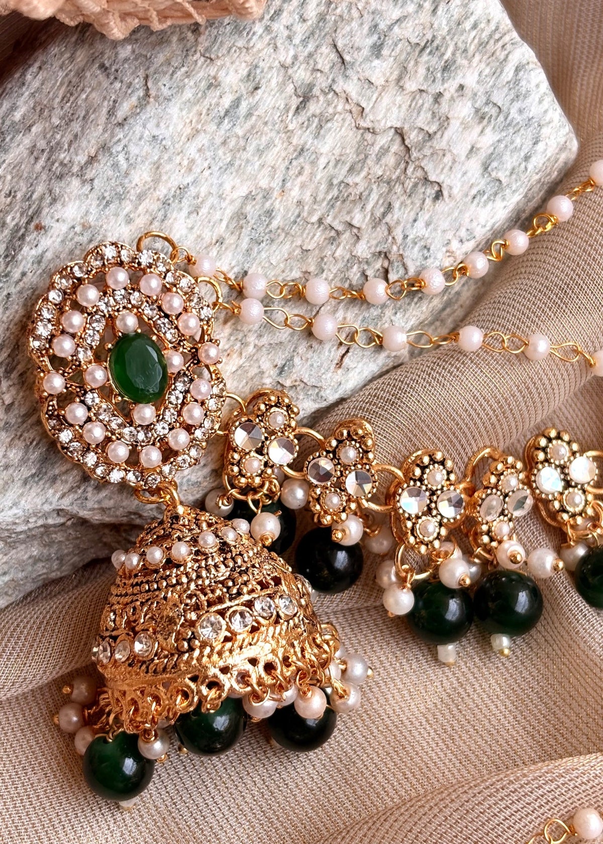 Traditional Green Jhumka Earrings with Gold Plating Online in KSA Riyadh Saudi Arabia Oman Bahrain Qatar