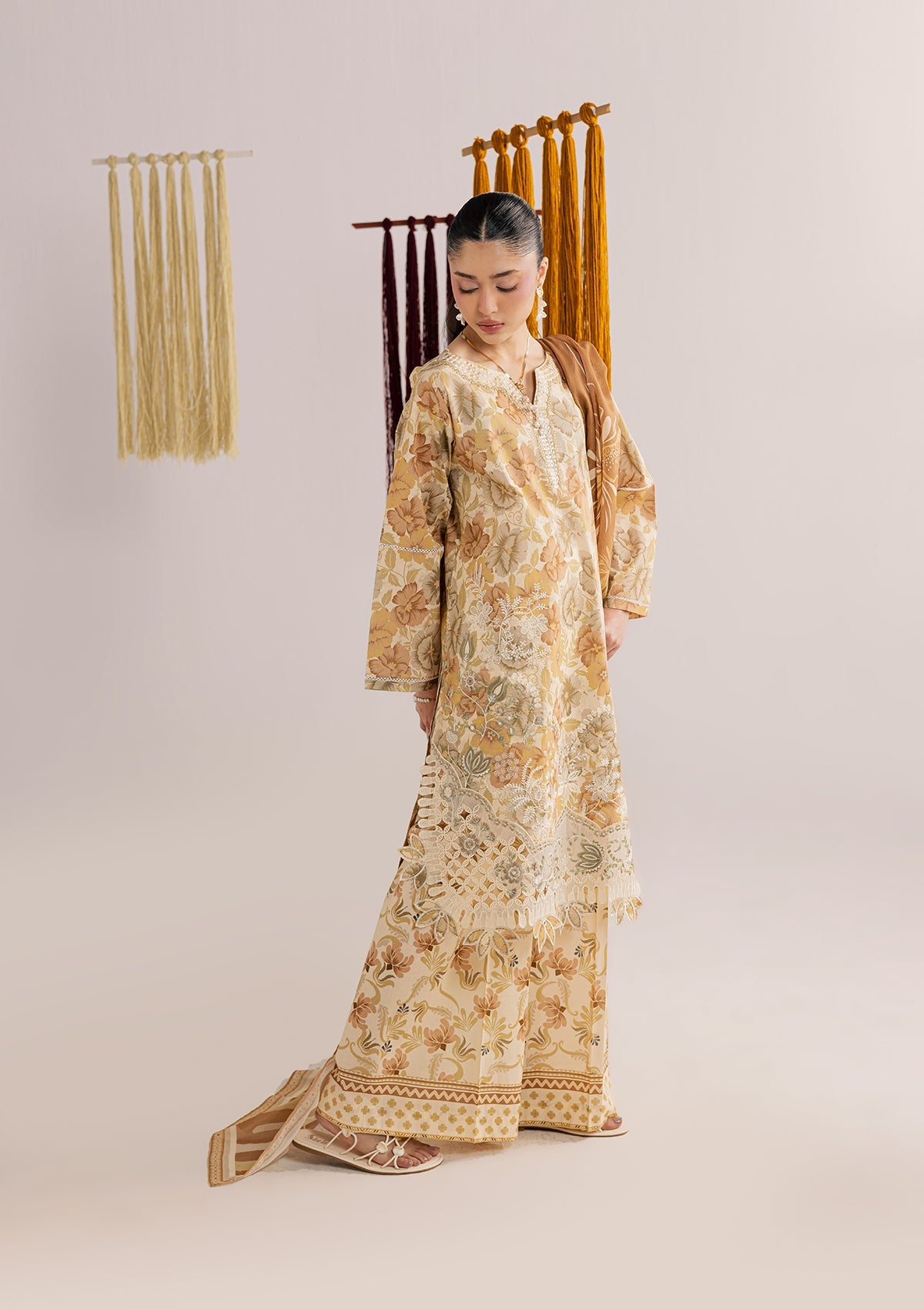 Trending Mellow Yellow Embroidered Lawn Outfit Online in KSA Riyadh Saudi Arabia Oman Bahrain Qatar