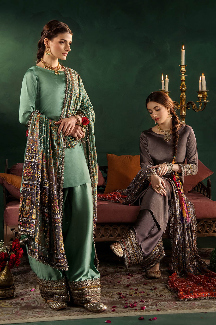 Hand Embroidered Elegant Brown Glass Silk Designer Farshi Shalwar Suit