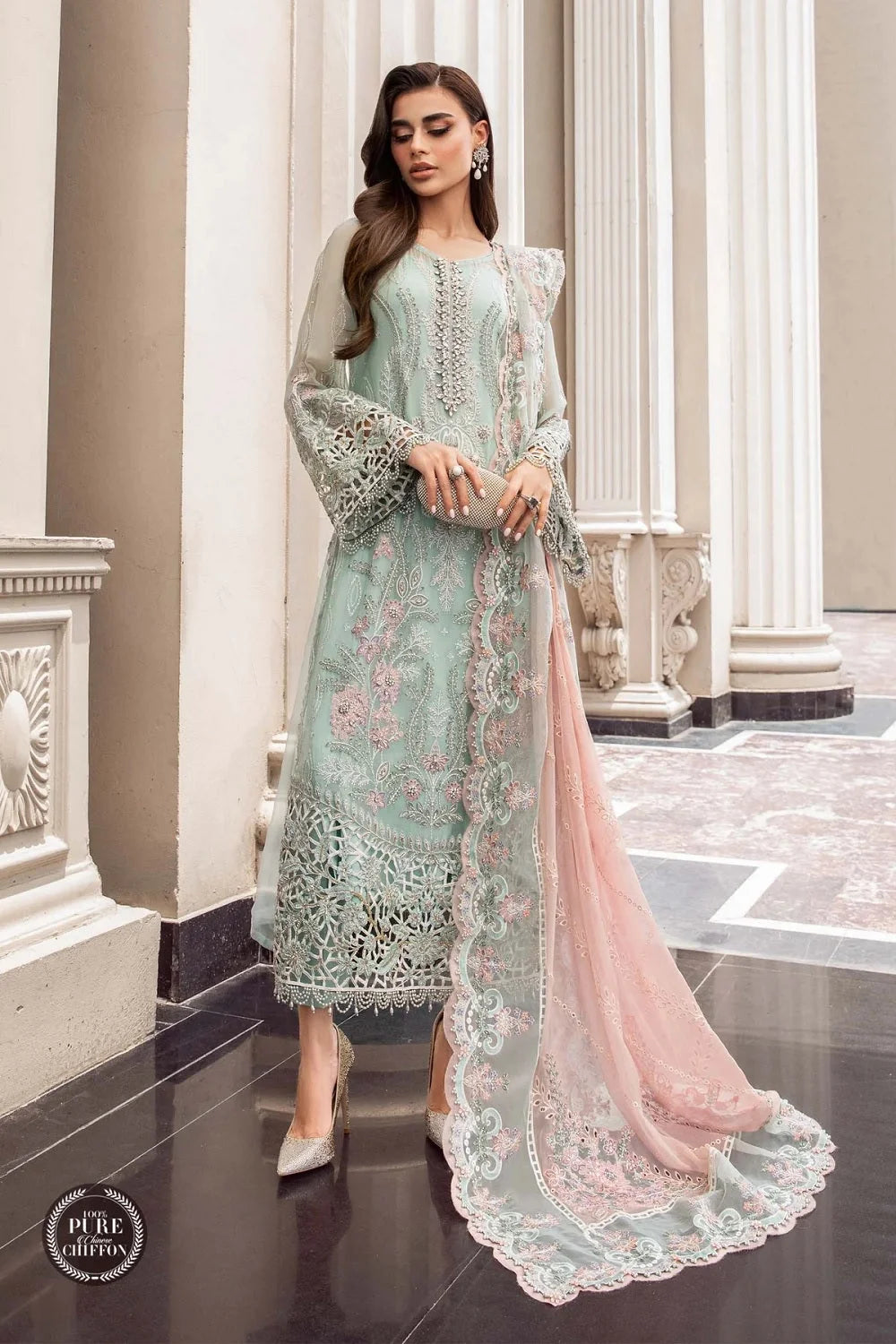 Mint Green Chiffon Cut Work Suit