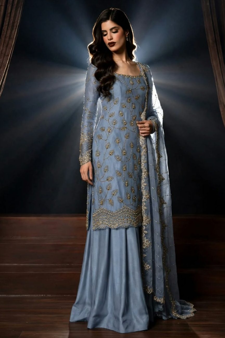 Sky Blue Pure Crinkle Chiffon Suit with Cutdana Work