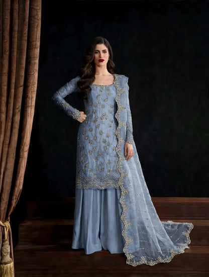 Sky Blue Pure Crinkle Chiffon Suit with Cutdana Work
