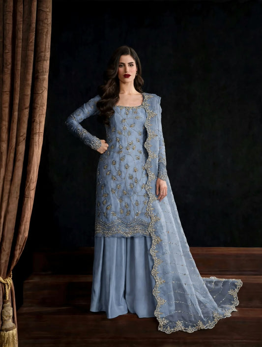 Sky Blue Pure Crinkle Chiffon Suit with Cutdana Work