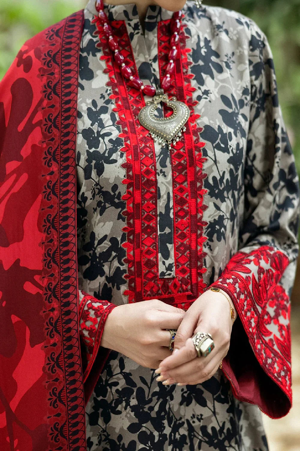 Pure Lawn Suit with Contrasting Red Chiffon Dupatta