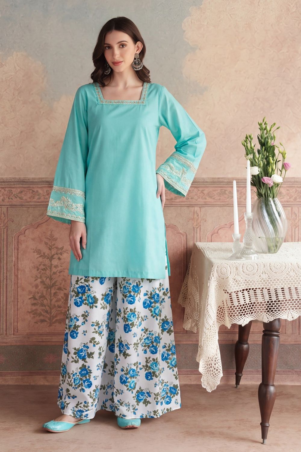 Turquoise Embellished Lawn Sharara Suit Online in Dubai UAE Abudhabi Ajman Sharjah