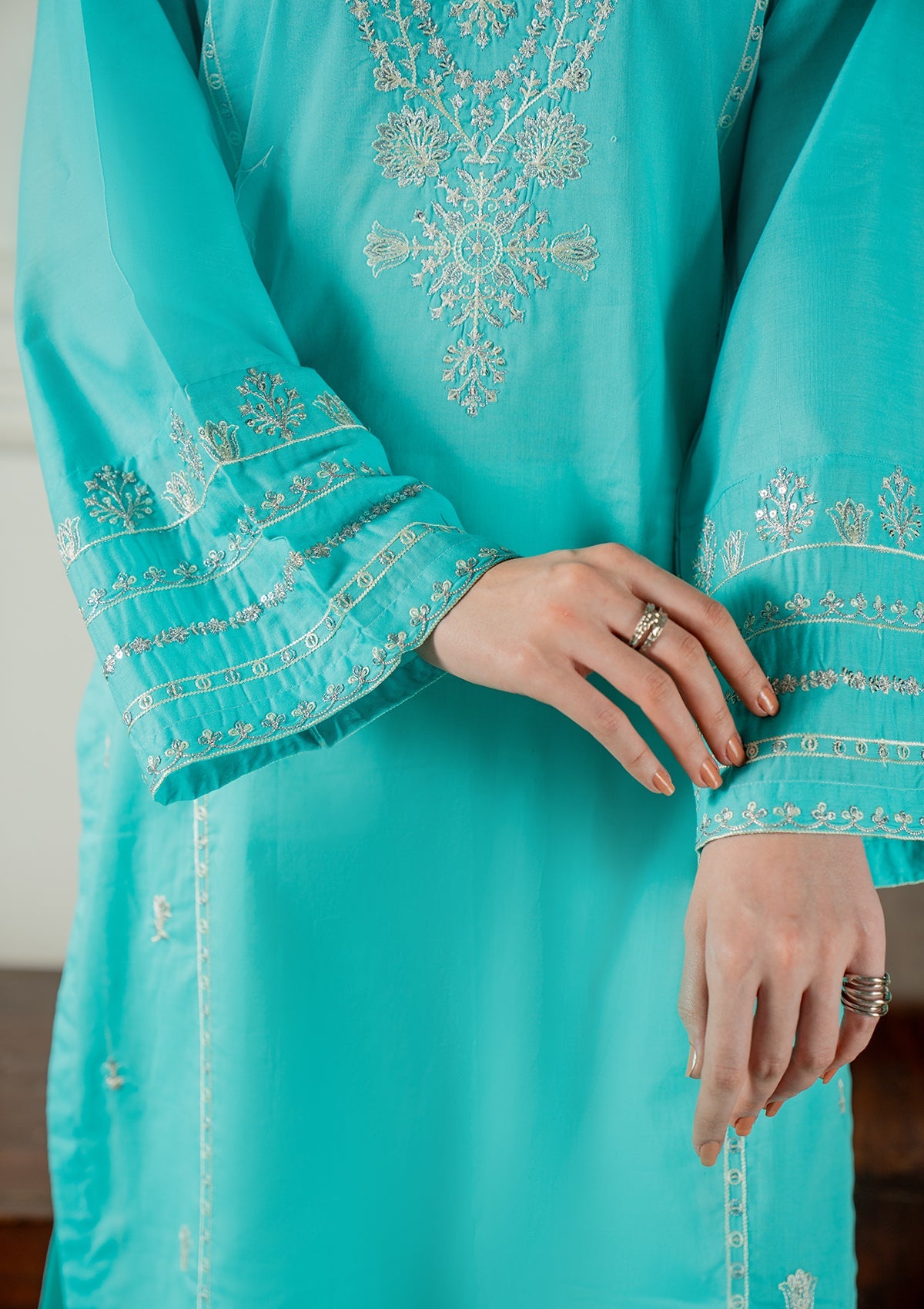 Turquoise Embroidered Cotton Lawn Dress Online in Dubai UAE Abudhabi Ajman Sharjah