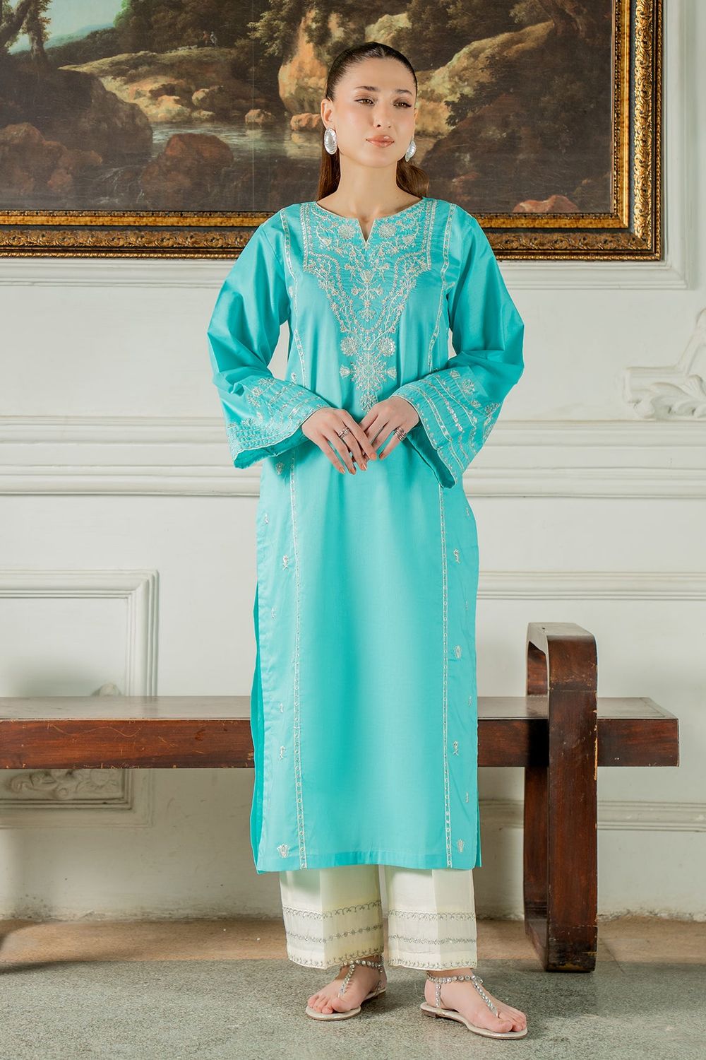 Turquoise Embroidered Cotton Lawn Kurta Set Online in Dubai UAE Abudhabi Ajman Sharjah