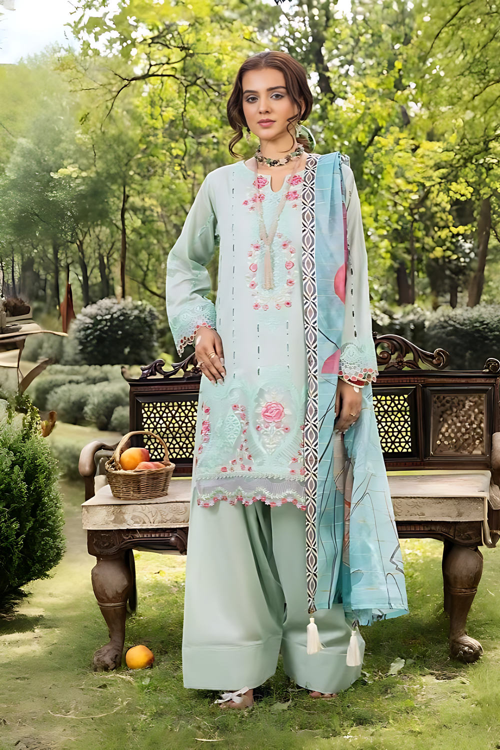 Turquoise Laser Cut Lawn Farshi Shalwar Suit Online in Dubai UAE Abudhabi Ajman Sharjah