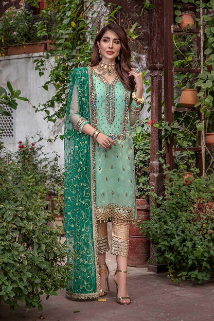 Turquoise Hand Embroidered Readymade Suit
