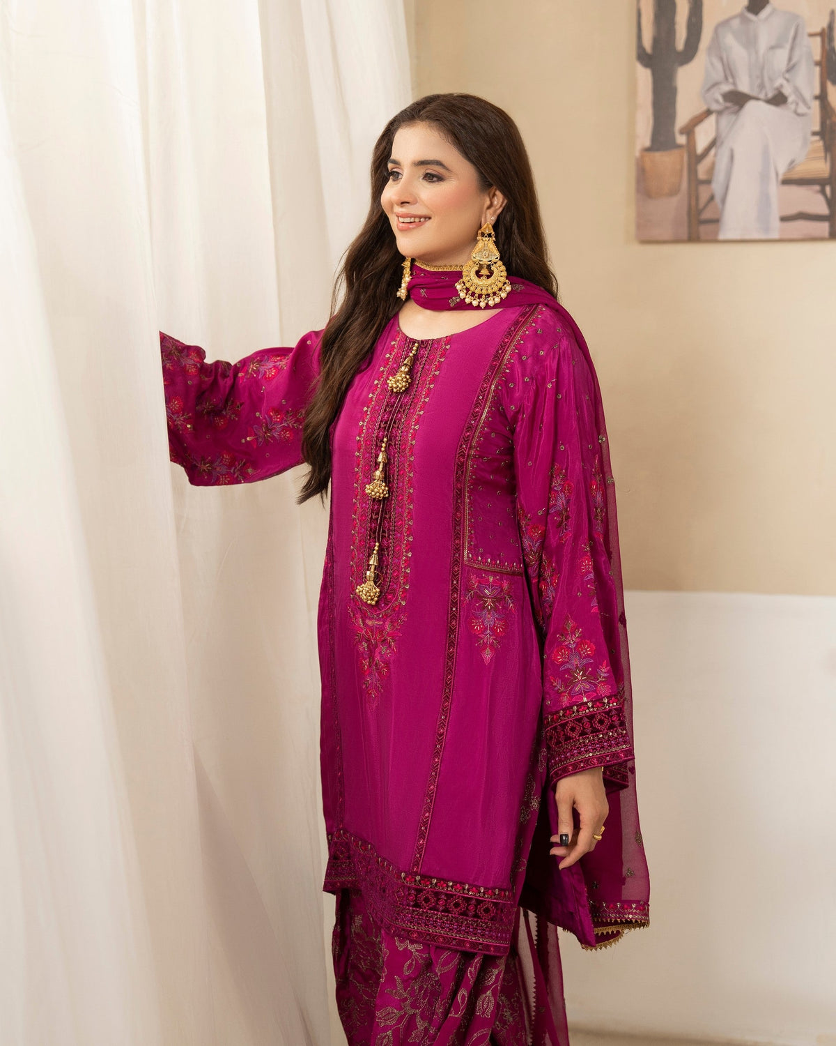 Tussar Silk Pink Embroidered Salwar Kameez Online in KSA Riyadh Saudi Arabia Oman Bahrain Qatar
