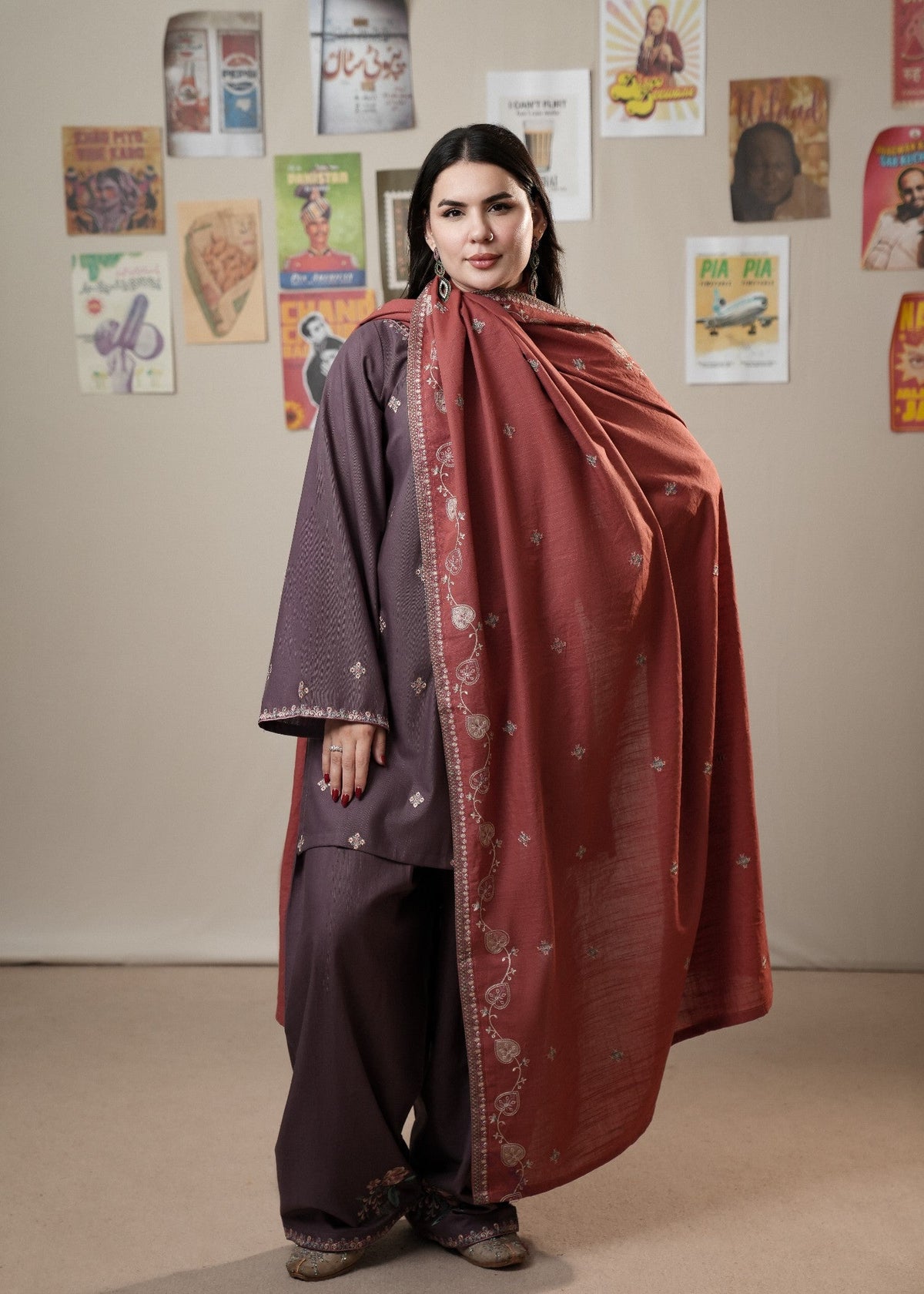 Umber Brown Embroidered Slub Khaddar 3 Piece Suit Online in Dubai UAE Abudhabi Ajman Sharjah