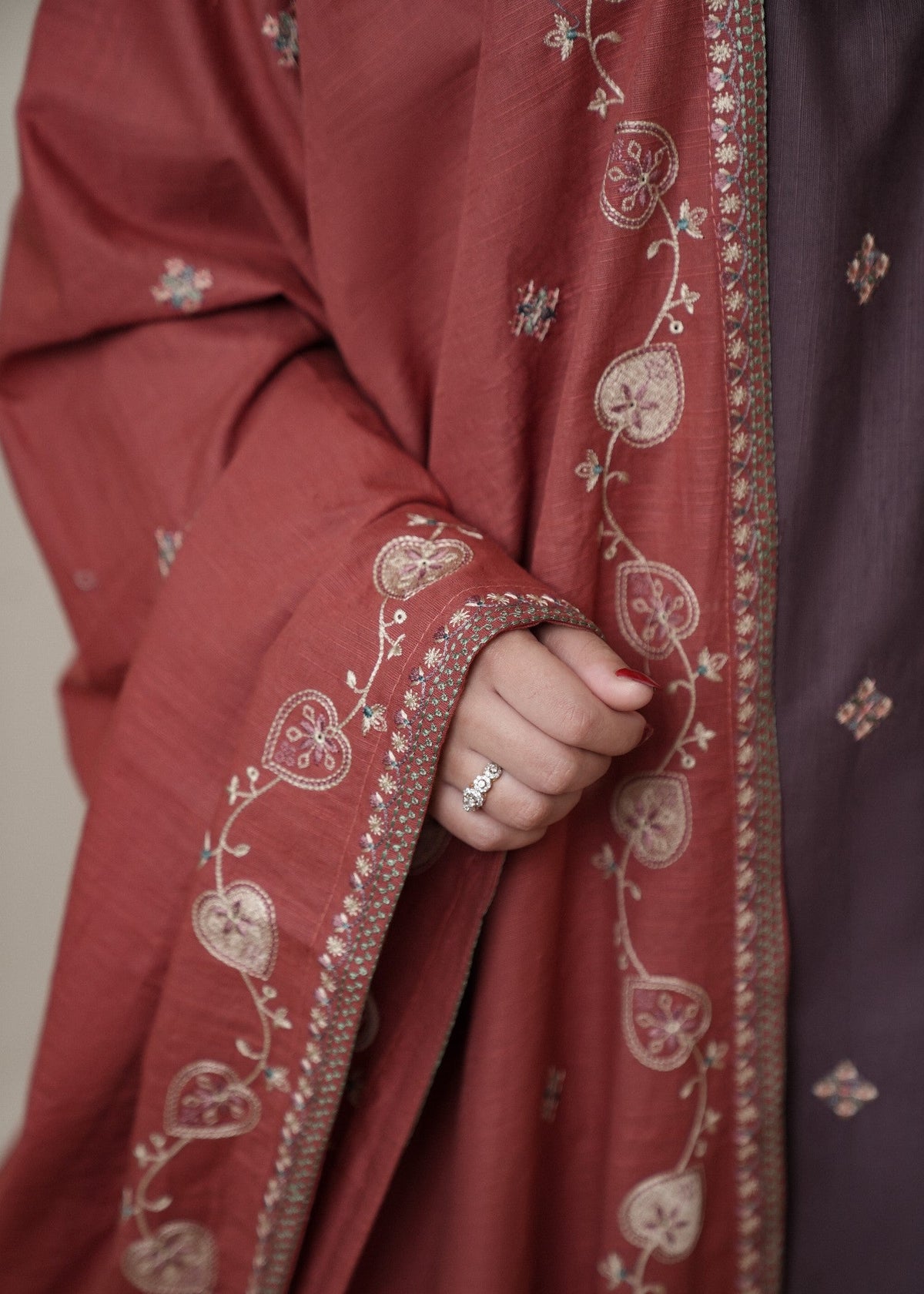 Umber Brown Embroidered Slub Khaddar Pakistani Designer Suit Online in Dubai DXB UAE Abudhabi Meena Bazaar