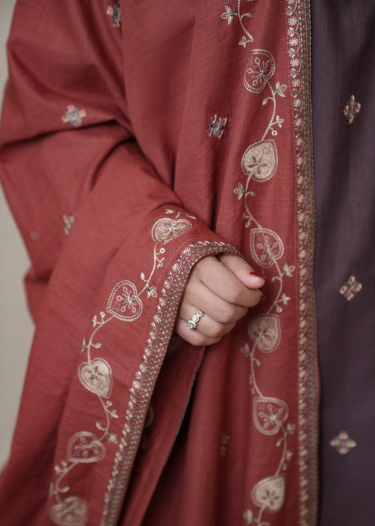 Umber Brown Embroidered Slub Khaddar Pakistani Designer Suit Online in Dubai DXB UAE Abudhabi Meena Bazaar