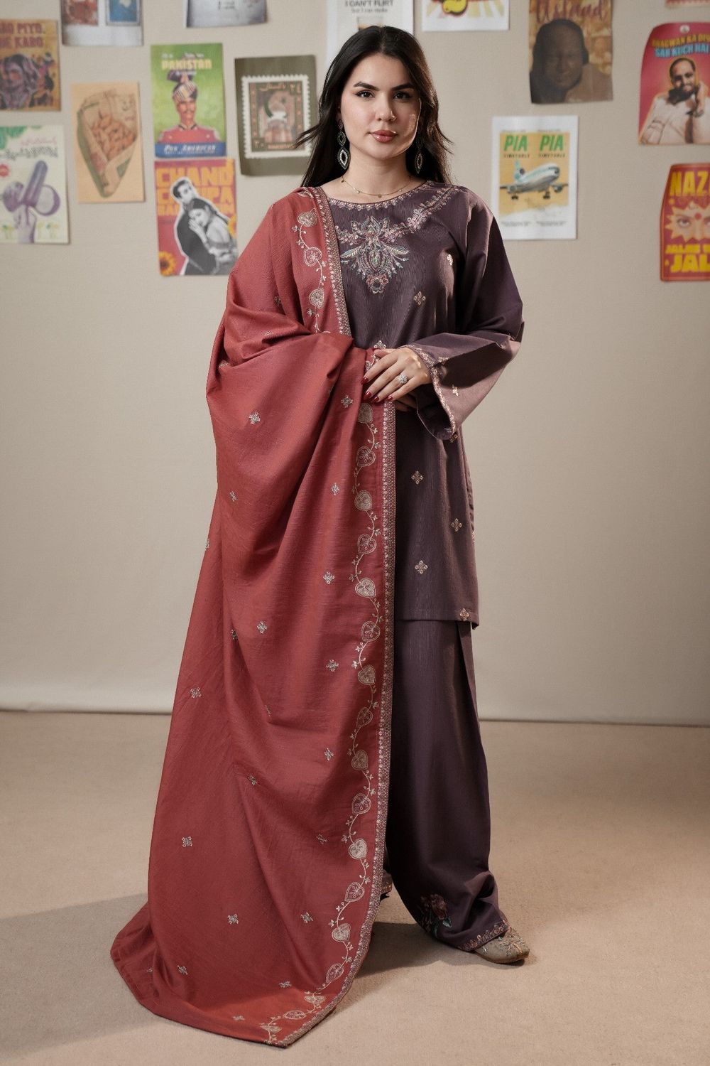 Umber Brown Embroidered Slub Khaddar Pakistani Suit Online in Dubai UAE Abudhabi Ajman Sharjah