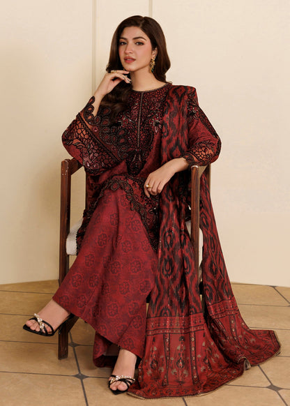 Unstitched Blood Red Blended Khaddar Salwar Kameez Online in KSA Riyadh Saudi Arabia Oman Bahrain Qatar