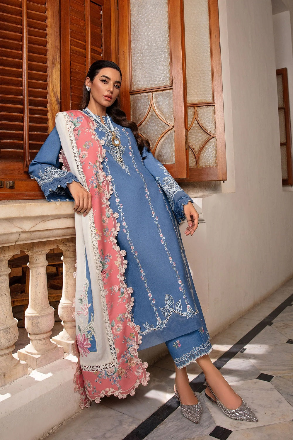 Unstitched Blue Embroidered Lawn Dress Material Online in Sri Lanka India Australia