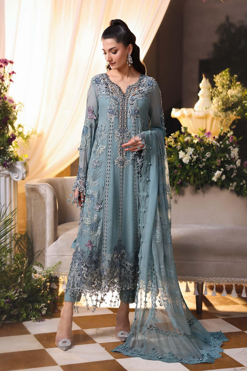 Unstitched Chiffon Chikankari Sky Blue Suit Online in Sri Lanka India Australia