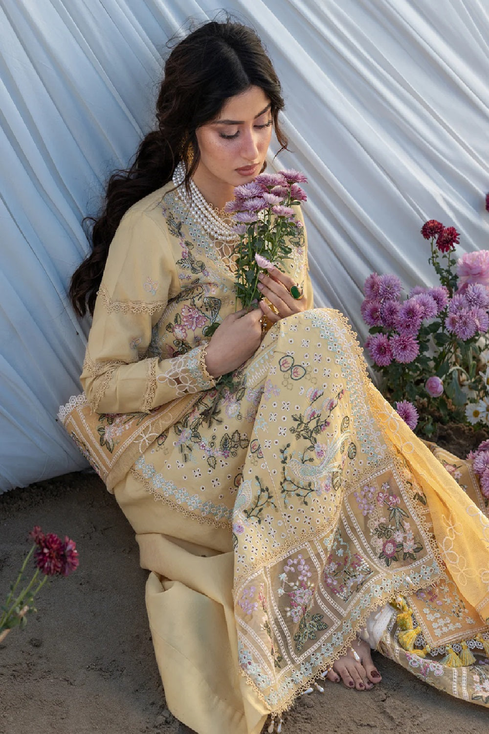 Unstitched Chikankari Lawn Suit Lime Yellow Online in Sri Lanka India Australia