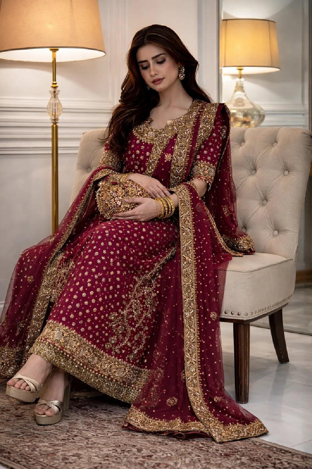 Unstitched Hot Pink Hand Embellished Chiffon Dress Material Online in Sri Lanka India Australia
