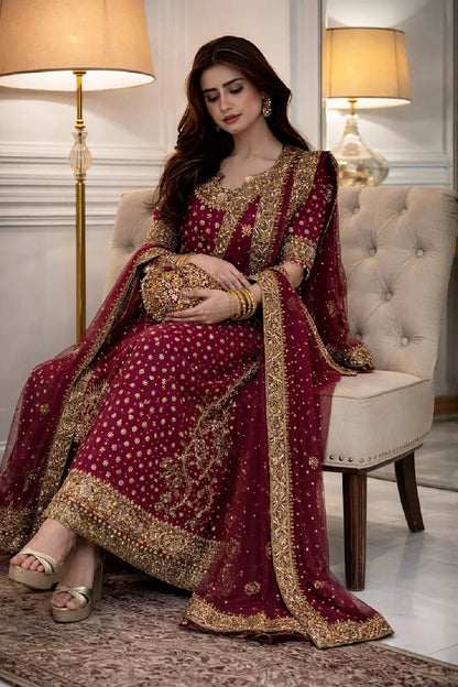 Unstitched Hot Pink Hand Embellished Chiffon Dress Material Online in Sri Lanka India Australia