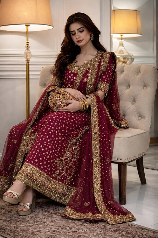 Unstitched Hot Pink Hand Embellished Chiffon Dress Material Online in Sri Lanka India Australia