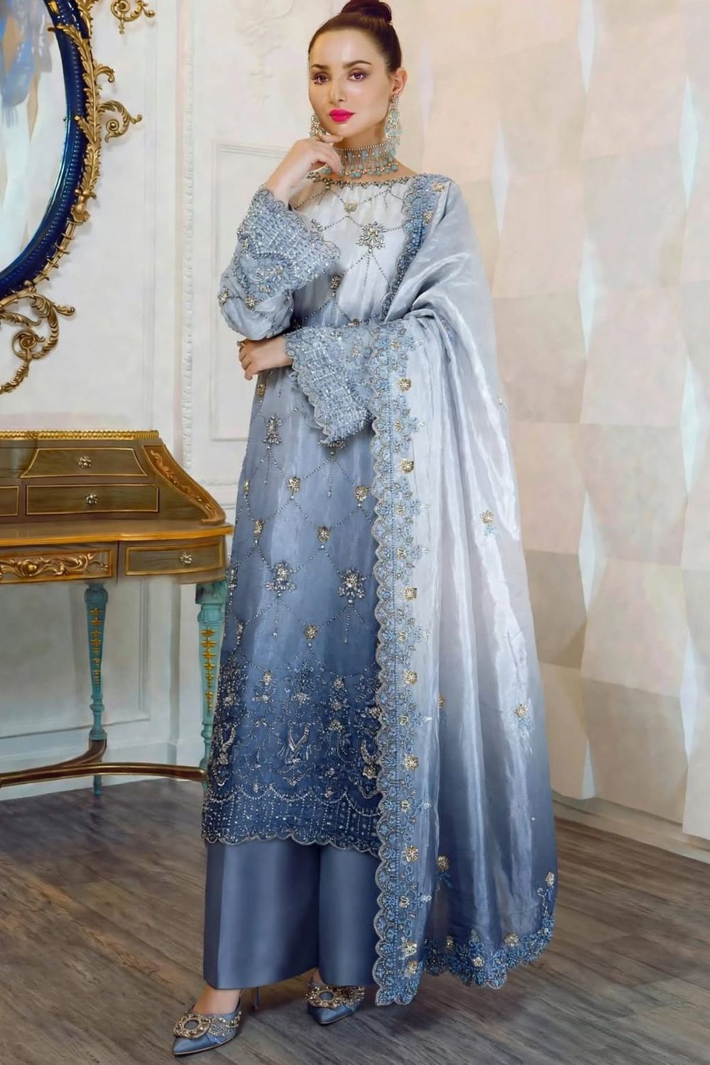Blue Formal Silk Pakistani Suit Online in Dubai UAE Abudhabi Ajman Sharjah