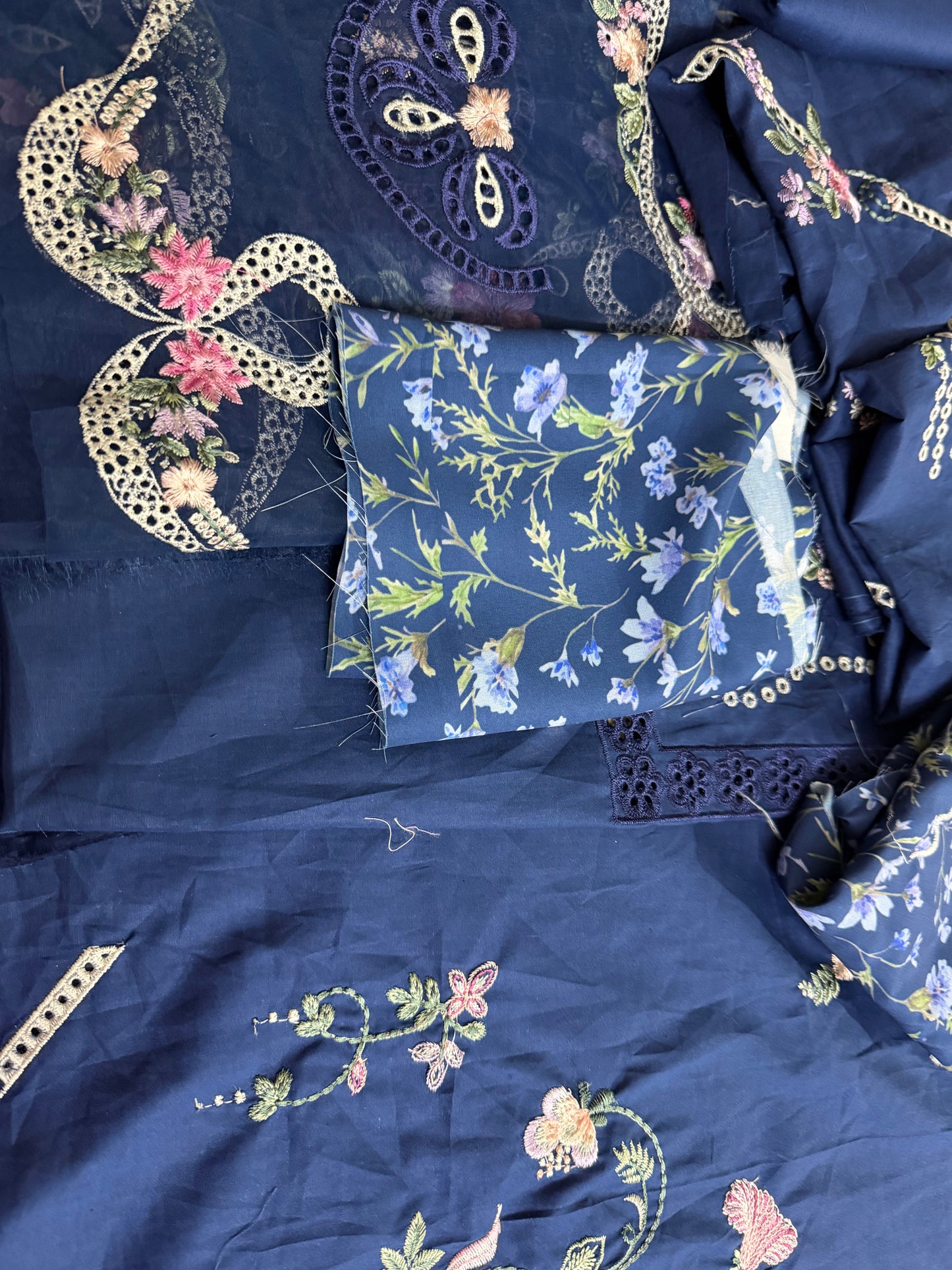 Unstitched Lawn Suit Navy Multi Color Online in KSA Riyadh Saudi Arabia Oman Bahrain Qatar