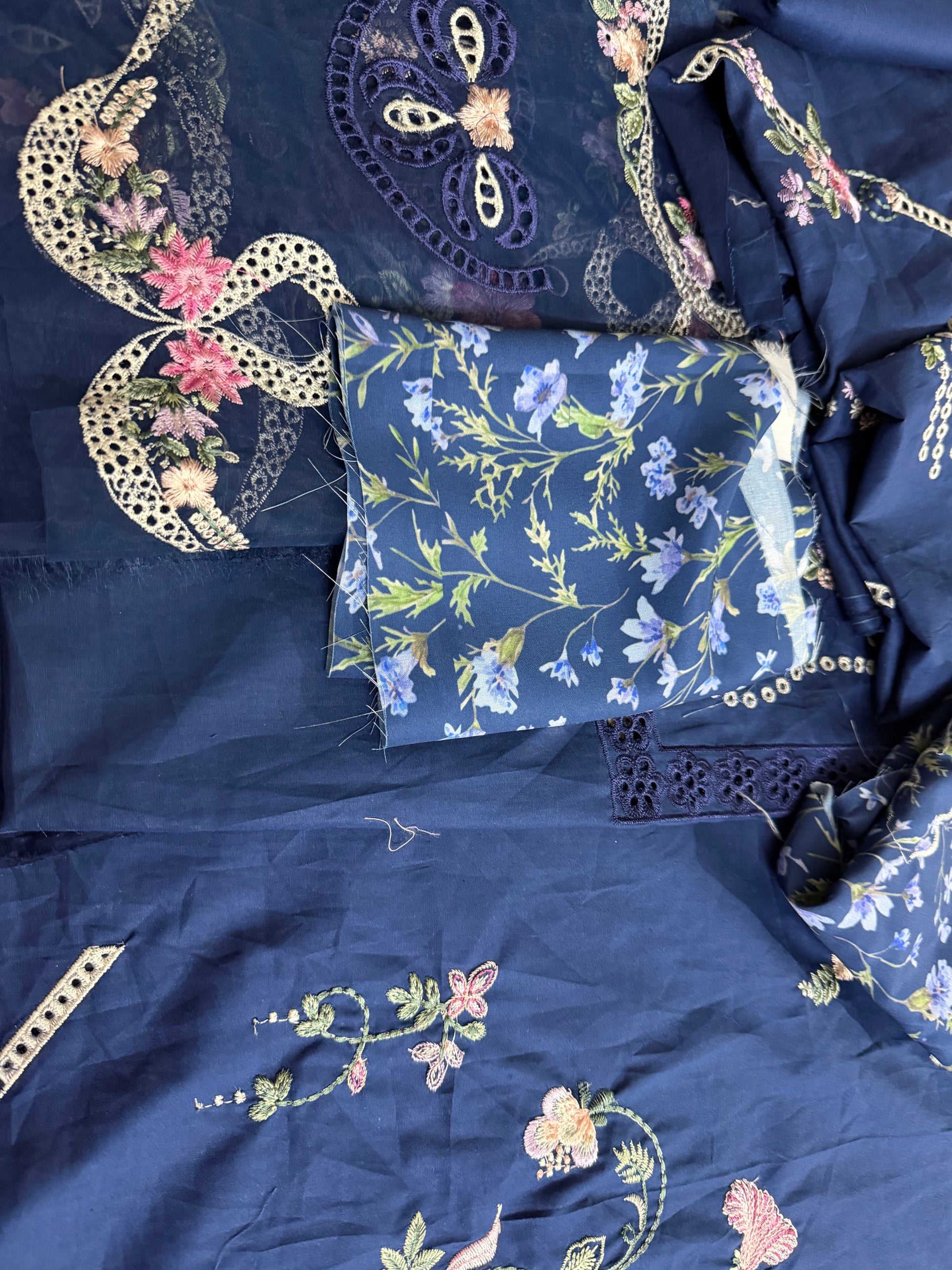 Unstitched Lawn Suit Navy Multi Color Online in KSA Riyadh Saudi Arabia Oman Bahrain Qatar
