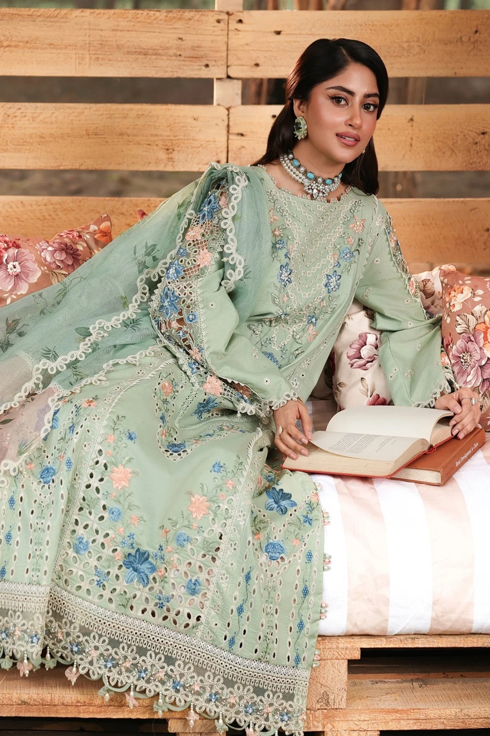 Unstitched Light Green Lawn Chikankari Dress Material Online in Sri Lanka India Australia