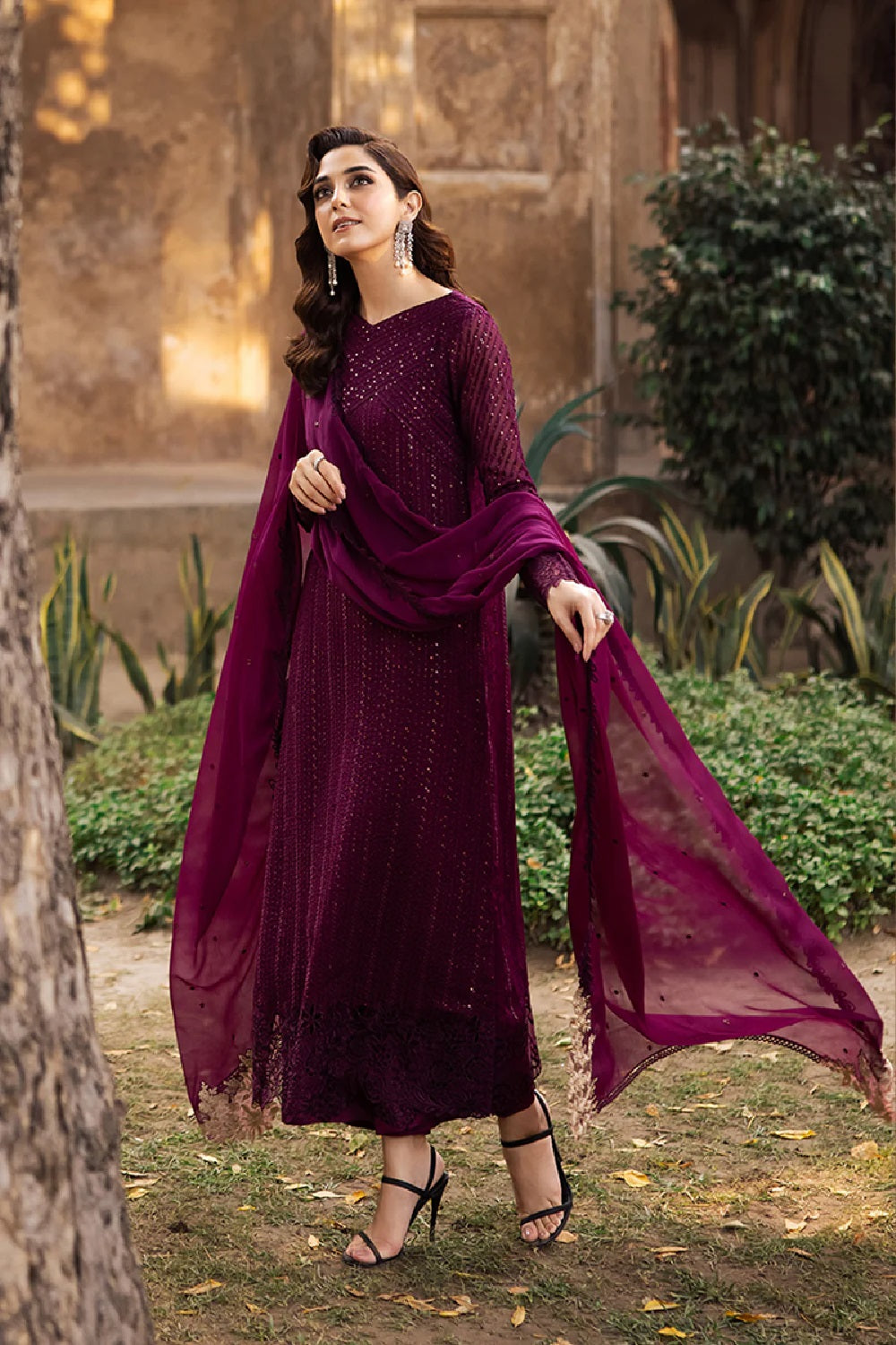 Unstitched Magenta Chiffon Embroidered Dress Material Online in Sri Lanka India Australia