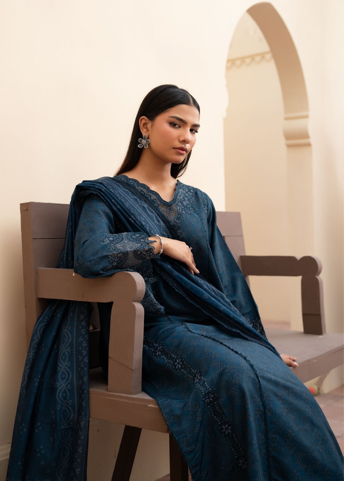 Unstitched Prussian Blue Embroidered Khaddar Dress Material Online in KSA Riyadh Saudi Arabia Oman Bahrain Qatar