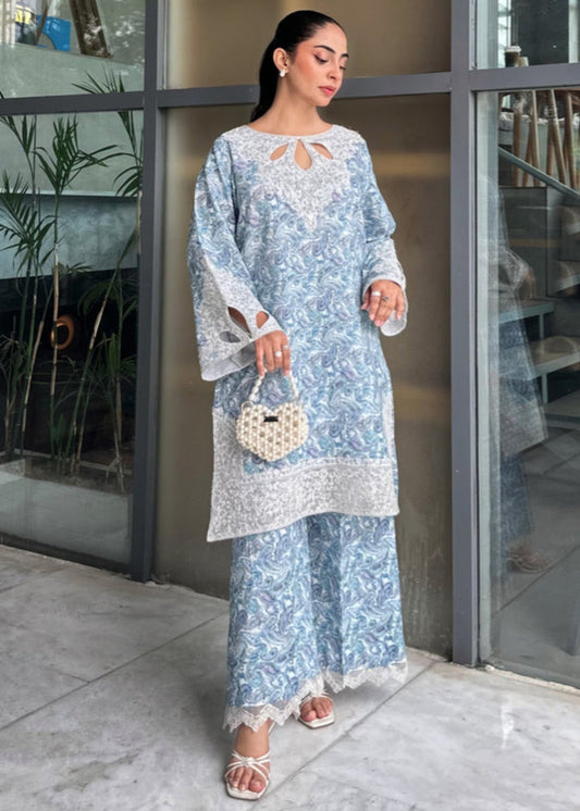Unstitched Sky Blue Cambric Cotton Salwar Kameez Online in KSA Riyadh Saudi Arabia Oman Bahrain Qatar