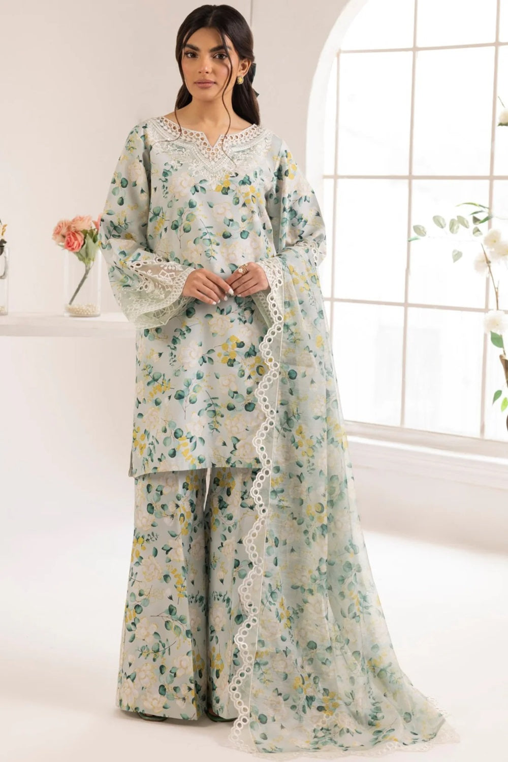 Floral Chikankari Lawn Suit with Chiffon Dupatta