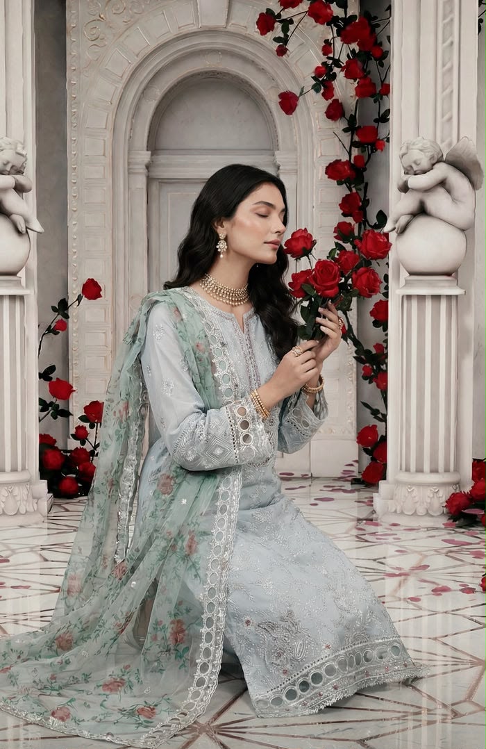 Sea Green Soft Organza Embellished Partywear Suit with Cutwork Details