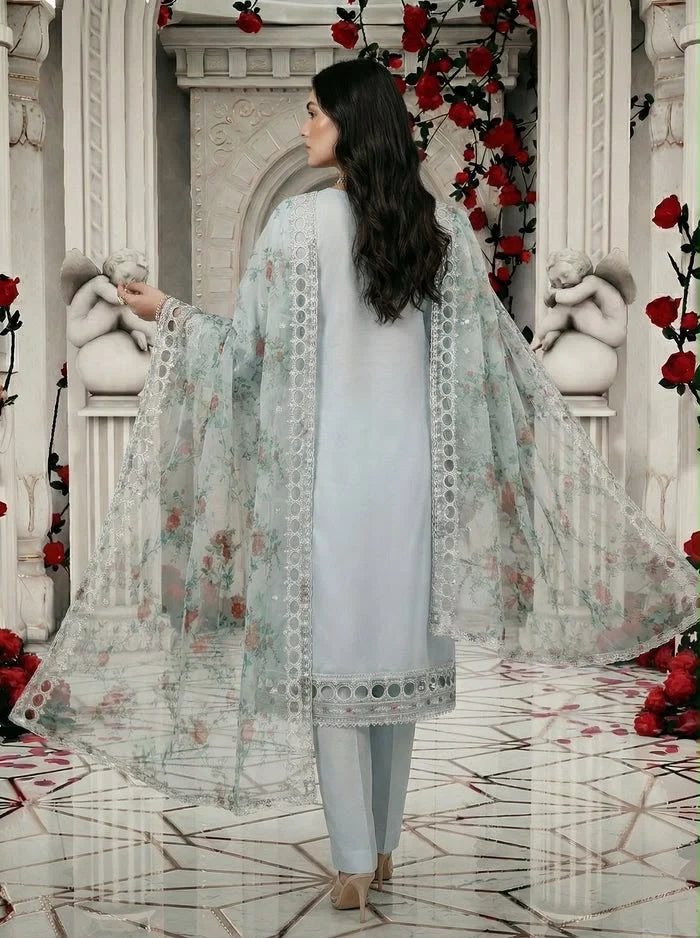 Sea Green Soft Organza Embellished Partywear Suit with Cutwork Details