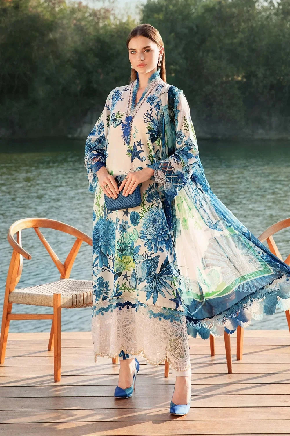 White & Blue Pure Lawn Suit with Chiffon Dupatta