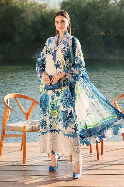 White & Blue Pure Lawn Suit with Chiffon Dupatta