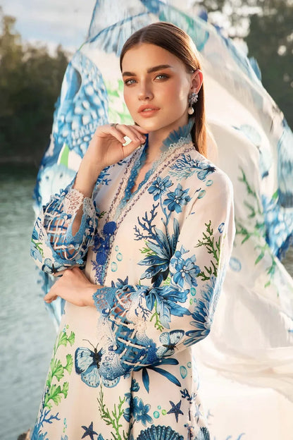 White & Blue Pure Lawn Suit with Chiffon Dupatta